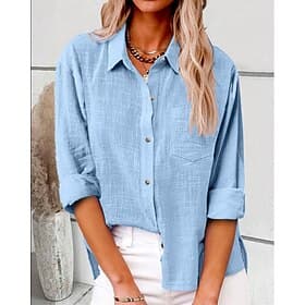Women's 100%cotton Shirt Button Up Blouse Long Cotton Top Pocket Buttons Plain Fashion Casual Neon  Bright Long Sleeve Shirt Collar Regular Tops Casual Blue De