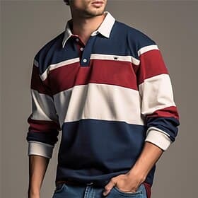 Men's Stripe Rugby Polo Golf Polos Shirts Long Sleeve Polo Shirts Turndown Casual Outdoor Streetwear Casual Daily 3D Print Fall Winter Dark Navy