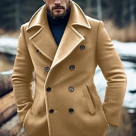 Men's Winter Coat Peacoat Trench Coat Outdoor Daily Wear Fall  Winter Polyester Thermal Warm Windbreaker Outerwear Clothing Apparel Fashion Streetwear Plain La