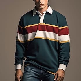 Men's Striped Rugby Polo Shirts Long Sleeve Polo Shirts Zip Casual Outdoor Streetwear Casual Daily 3D Print Fall  Winter Blue Dark Navy Ink Blue