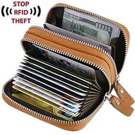 RFID Blocking Leather Coin Purse Twin Golden Metal Zippers Sectioned Concertina 9 Credit Card Case  4 Pocket money Case