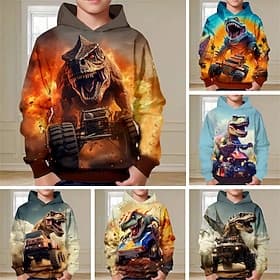 Boys 3D Dinosaur Hoodie Pullover Long Sleeve 3D Print Fall Winter Fashion Streetwear Cool Kids 3-12 Years Outdoor Casual Daily Regular Fit