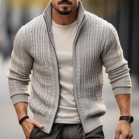 Men's Sweater Cardigan Sweater Cardigan Zip Sweater Cropped Sweater Ribbed Knit Regular Knitted Plain Stand Collar Warm Ups Modern Contemporary Daily Wear Goin