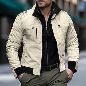 Men's Trucker Jacket Bomber Jacket Utility Jacket Transition Jacket Outdoor Daily Wear Wearable Pocket Spring Fall Plain Fashion Streetwear Standing Collar S