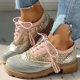 Women's Pink and Gray Glitter Wingtip Oxford Shoes with Chunky Sole - Stylish Lace-Up Brogues for Casual and Statement Outfits