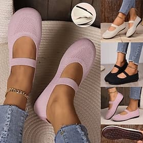 Women's Breathable Knit Fabric Mary Jane Flats – Comfortable Elastic Strap Slip-On Ballet Shoes for Daily Wear