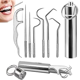 7Pcs Portable Stainless Steel Toothpicks Pocket Set Reusable Metal Toothpicks Cleaning Kit with Storage Tube Holder for Outdoor Picnic Camping Traveling