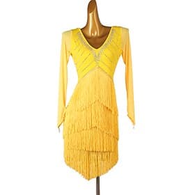 Latin Dance Exotic Dancewear Latin Salsa Dance Dress Tassel Crystals / Rhinestones Women's Performance Daily Wear Long Sleeve Spandex