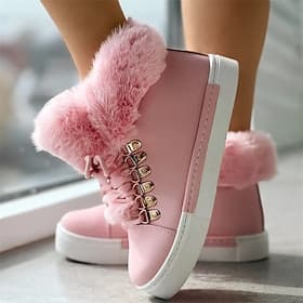 Women's Pink Faux Fur Lined High-Top Sneakers - Warm and Cozy Winter Casual Shoes
