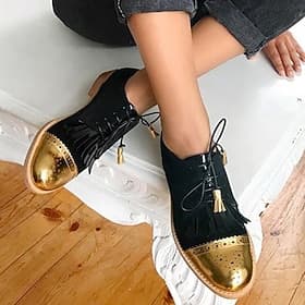 Women's Black and Gold Oxford Shoes – Lace-Up Wingtip Brogues with Fringe  Tassel for Vintage Casual Style