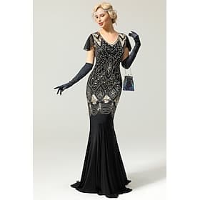 Années Folles Années 1920 Longueur au sol Robe Robes de Soirée Robe de Fête de Noël Manches courtes Gatsby le Magnifique Invité au mariage Paillettes Col en V