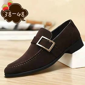 Men's Brown Faux Suede Loafers with Metal Buckle – Classic Slip-On Shoes for Everyday Comfort