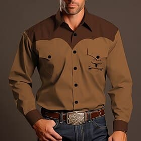 Men's Cowboy Shirt Western Shirt Cowboy Shirt Long Sleeve Vintage Western Style Outdoor Street Casual Daily Fall  Winter Turndown Buttons Print Brown khaki
