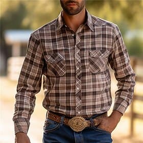 Men's Plaid Shirt Western Shirt Cowboy Shirt Long Sleeve Vintage Western Style Daily Wear Going out Weekend Fall  Winter Turndown Pocket Print Button-Down Blac