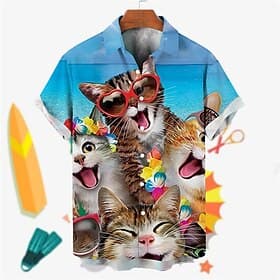 Men's Animal Cat Shirt Summer Hawaiian Shirt Aloha Shirt Short Sleeves Shirt Turndown Tropical Fashion Hawaiian Street Casual Hawaiian Blue Gray S M L