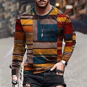Men's Graphic Color Block Patchwork Long Sleeve T shirt 3D Print Crew Neck Shirt Daily Outdoor Casual Casual Holiday Going out Yellow Red Khaki Spring   Fall C