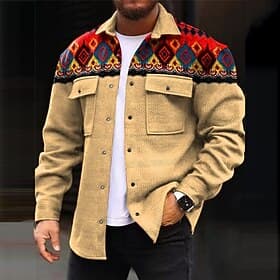Men's Tribal Geometry Ethnic Shirt Shirt Jacket Overshirt Long Sleeve Vintage Casual Tribal Outdoor Street Casual Daily Fall  Winter Turndown Buttons Pocket Pr thumbnail 2