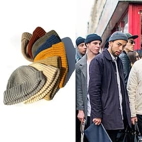 Men's Beanie Hat Fisherman Beanie Trawler Beanie Watch Cap Beanies Light Yellow Black Cotton Sports Travel Roll up Edge Outdoor Vacation Plain Windproof Warm