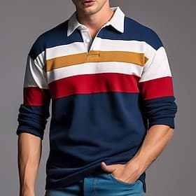 Men's Stripe Rugby Polo Long Sleeve Polo Shirts Zip Casual Outdoor Streetwear Casual Daily 3D Print Fall  Winter Red Navy Blue Dark Blue