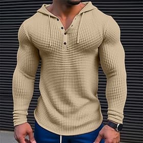 Men's T Shirt Waffle Henley Shirt Tee Top Long Sleeve Shirt Long Sleeve Hooded Spring   Fall Color Block Fashion Designer Basic Patchwork Vacation Street Going