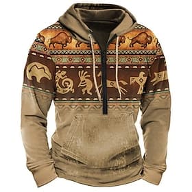 Men's Color Block Tribal Graphic Prints Hoodie Hoodies Sweatshirt Daily Ethnic Casual Long Sleeve Half Zip Holiday Going out Streetwear Bronze Dark Green Orang
