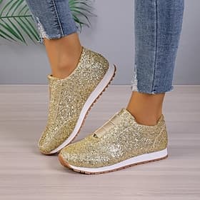 Women's Gold Glitter Slip-On Sneakers – Sparkly Casual Walking Shoes for Fashion  Everyday Wear