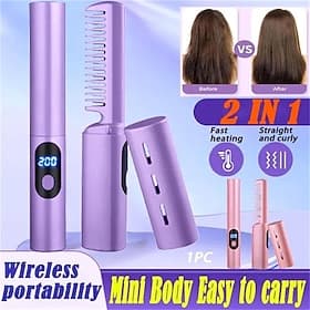 2IN1 Lazy Hair Straightener Wireless Hair Hot Comb Mini USB Rechargeable Straightener Curly Hair Stick Fast Heating Straightening Brush for Home Trave-1PC Vale