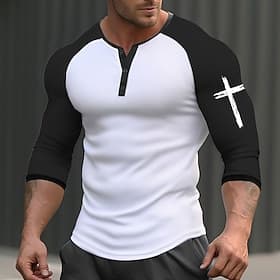 Men's Graphic Cross T Shirt Henley Shirt Raglan T Shirt Long Sleeve 3D Print Sports Daily Outdoor Casual Sports Outdoor Going out Spring   Fall Black Brown Dar