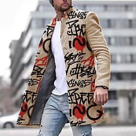 Men's Winter Coat Overcoat Coat Daily Wear Vacation With Pockets Print Front Pocket Fall  Winter Letter Streetwear Sport Turndown Regular Yellow Blue Purple Gr