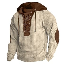 Men's Hoodie Army Green Navy Blue Brown Khaki Hooded Color Block Lace up Patchwork Ribbed Sports  Outdoor Daily Holiday Corduroy Streetwear Cool Casual Spring