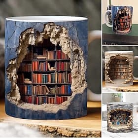 3D Bookshelf Mug, Ceramic Mug,Library   Bookshelves Hole In A Wall Mug,Book Lovers Coffee Mug, Cool Bookish Gifts for Readers Christmas Xmas Gift