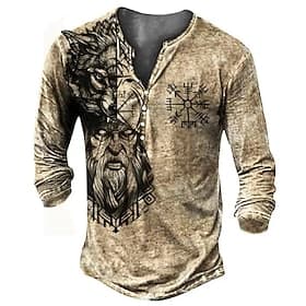 Men's Graphic Viking Henley Shirt Long Sleeve 3D Print Daily Casual Vintage Retro Casual Holiday Going out Spring   Fall Khaki Henley Henley T-Shirt