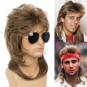 Parrucca mullet per uomini parrucca divertente anni '80 per rocker maschile costume di carnevale disco divertente parrucche di Halloween color marrone chiaro