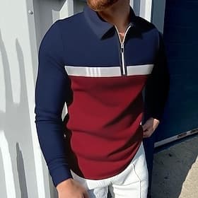 Men's Zip Polo Golf Shirt Business Daily Wear Quarter Zip Long Sleeve Fashion Classic Style Color Block Zipper Spring Fall Red Navy Blue Dark Green Dark Grey Z