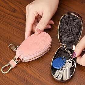 Faux Leather Zipper Key Case – Compact Key Organizer with Keychain Clip for Women  Men, Secure Key Holder for Car  Home Use