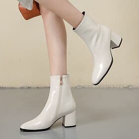 Women's White Patent Leather Ankle Boots - Sleek Side-Zip Design with Block Heels, Perfect for Elegant Evening Wear or Casual Chic Outfits
