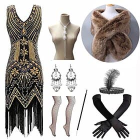 Set with Flapper Dress Feather Headband Faux Fur Long Gloves Necklace Earrings Cigarette Holder Shawl Outfits Vintage Cocktail Dress The Great Gatsby Women's C