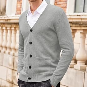 Men's Sweater Cardigan Sweater Ribbed Knit Knitted Plain V Neck Fashion Casual Sports Daily Wear Clothing Apparel Spring   Fall Wine Red Black M L XL