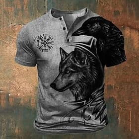 Herren Grafik Wolf Wikinger T Shirt Henley Hemd Kurzarm 3D-Druck Mode Klassisch Retro Vintage Sport im Freien Ferien Ausgehen Frühling  Sommer Blau Grün Khaki