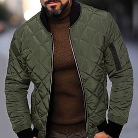 Men's Quilted Jacket Transition Jacket Going out Pocket Spring   Fall Plain Streetwear Standing Collar Regular Black Wine Blue Red Army Green Jacket