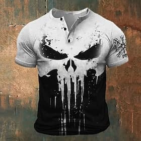 Men's Graphic Skull Viking T Shirt Henley Shirt Short Sleeve 3D Print Fashion Classic Retro Vintage Sports Outdoor Holiday Going out Spring  Summer Blue White