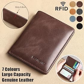 Men's Brown RFID Blocking Leather Bifold Wallet with ID Window and Multiple Card Slots, Slim Anti-Theft Wallet for Business, Travel and Everyday Use