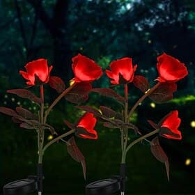 Solar Garden Rose Lights, Realistic LED Rose Flower Cemetery Decorations Stake Lights for Garden, Courtyard, Yard And Grave Decorative, Waterproof (Red, With 3
