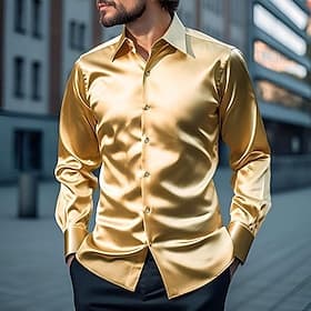 Men's Shirt Satin Shirt Casual Shirt Button Up Shirt Black Yellow Blue Red Light Grey Long Sleeve Plain Lapel Vacation Daily Clothing Apparel Fashion Casual Co