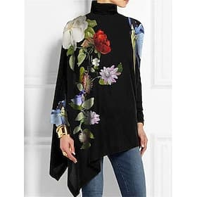 Women's T Shirt Print Asymmetrical Floral Fashion Long Sleeve High Neck Long Tops Holiday Weekend Blue Black Yellow Red Purple Spring   Fall