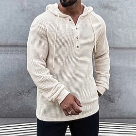 Men's Waffle Shirt T Shirt Henley Shirt Tee Top Long Sleeve Hooded Spring   Fall Plain Fashion Designer Basic Knitted Vacation Street Going out Green Gray Top