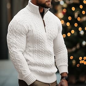 Men's Christmas Sweaters Pullover Sweater Jumper Cable Knit Regular Tops Knitted Quarter Zip Plain Stand Collar Modern Contemporary Xmas Work Clothing Apparel