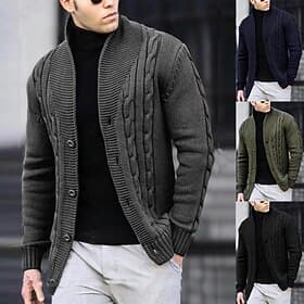 Men's Cardigan Sweater Cropped Sweater Cable Knit Regular Button Up Plain Lapel Vintage Warm Ups Casual Daily Wear Clothing Apparel Fall Winter Black White S M
