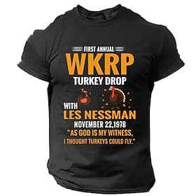 Men's WKRP Turkey Drop T-Shirt - Les Nessman I Thought Turkeys Could Fly Classic TV Show Funny Thanksgiving Quote Tee