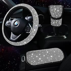 3pcs Bling Car Accessories Set For Women, Bling Steering Wheel Covers Universal Fit 15 Inch
